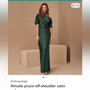 Anthropologie Emerald One-Shoulder Satin Dress